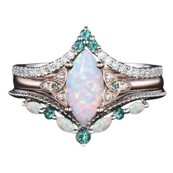 Marquise Cut Ethiopian Fire Opal with Moissanite & Emeralds in a Celtic Knot - Picture 1 of 5